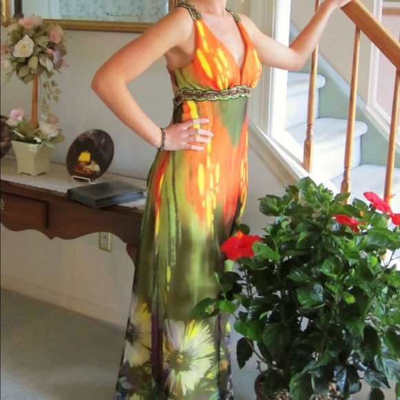 Orange Floral Prom Dress - Picture 3 of 5